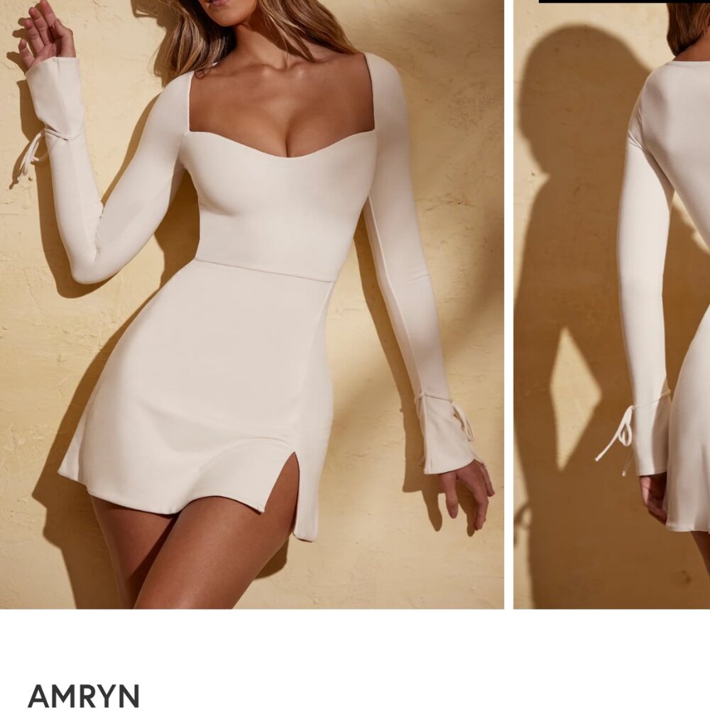 Square Neck Long Sleeve Mini Dress in Ivory